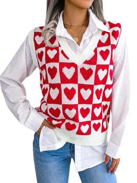 Gilet pour femme en tricot torsadé avec imprimé cœur, sans manches, col en V, pull pour printemps, automne et hiver 231120