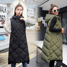 Mouwloos vest voor dames Lang donsjack Effen Koreaans gewatteerde vesten met capuchon Losse vrouwtjes 2023 Dames Mode Casual winterjas 231128