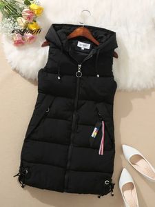 Gilet femme gilet en coton automne hiver manteau sans manches version mi-longue couleur unie chaud à capuche veste de mode coréenne 231124