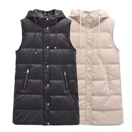Colete feminino moda inverno falso couro acolchoado longo jaqueta com capuz casaco vintage mangas pu feminino colete chique roupas tops 231124