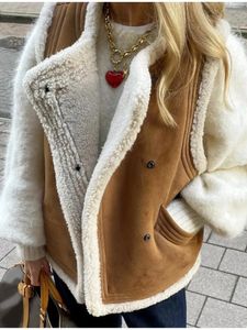 Women's Plush Cashmere Faux Fur Vest - Warm Patchwork Waistcoat with Covered Buttons for Autumn, Street Style Jacket