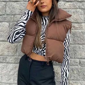 Chaleco de mujer Za Cropped Brown Top Mujeres Warm Black Chaqueta sin mangas Mujer Otoño Invierno Abrigos acolchados Wasitcoat 211120