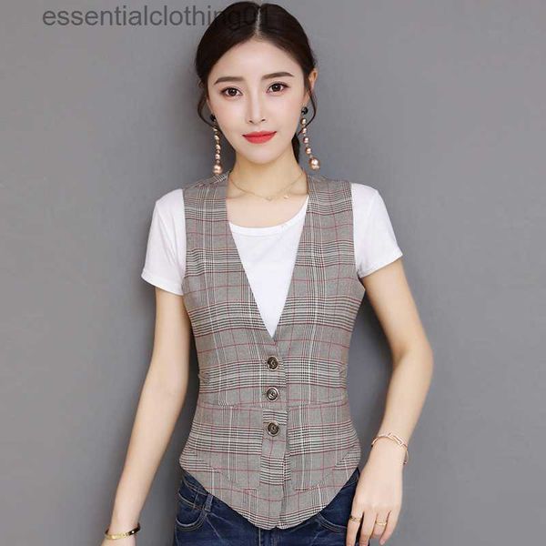 Gilets Femme #0702 Été Plaid gilet gilet femmes court mince mince sans manches Blazer gilet femme décontracté élégant gilet manteau dames boutons L230922