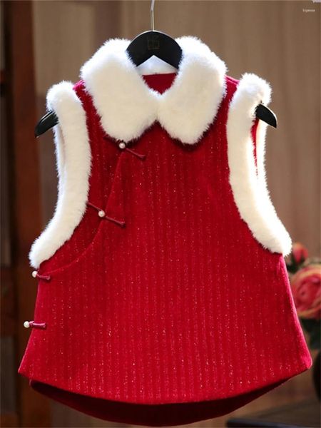 Gilets pour femmes 1pcs année de style chinois rouge Cheongsam gilet d'hiver gilet épais costume Tang vêtements d'extérieur veste sans manches fille cadeau