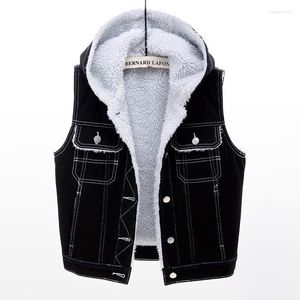 Femmes gilets 2022 automne hiver Denim coton gilet Plus velours épais mince à capuche sans manches veste agneau chaud hauts femme marée G1629 Stra22