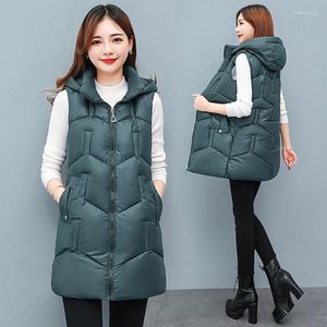 Femmes Gilets 2022 Veste D'hiver Femmes Parkas À Capuche Chaud Long Gilet Manteau Femme Brillant Coton Rembourré Parka Sans Manches Gilet 4XL Stra22