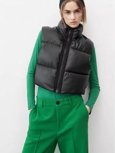 Gilets pour femmes 2023 Vêtements d'automne et d'hiver de qualité de comptoir noir PU imitation cuir col montant veste de gilet épaissie