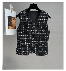 Gilet pour femmes 2023 Automne Fashion High Quality Blend Blend Black Plaid V-Neck Tweed Vest Waistcoat F069