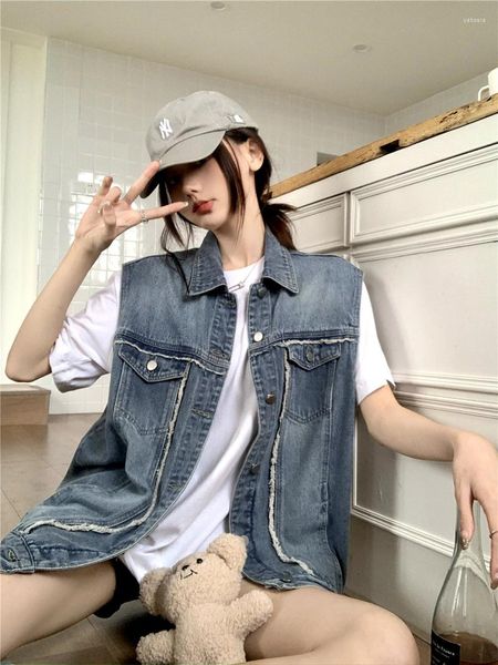 Gilets pour femmes 2023 Automne Mode Lâche Casual Femme Denim Gilet Vintage Veste sans manches Col rabattu Bouton Femme Manteaux