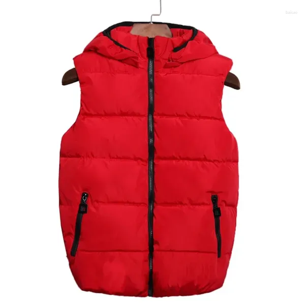 Chalecos de mujer 2023 otoño invierno abajo chaleco de algodón abrigo niñas usan cremallera casual con capucha para mantener caliente y rojo claro