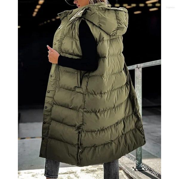 Chalecos de mujer 2023 Otoño Invierno Parkas Chaleco Abrigo Mujeres Sólido Suelto Zip Cardigan Sin mangas Con capucha Solo pecho largo