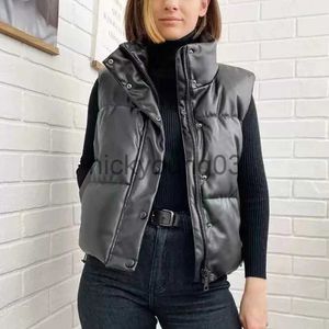 Gilets pour femmes 2023 automne hiver Pu cuir gilet femmes femme sans manches veste femmes gonflé solide vers le bas gilet bouffant blanc canard vers le bas gilet veste J231113