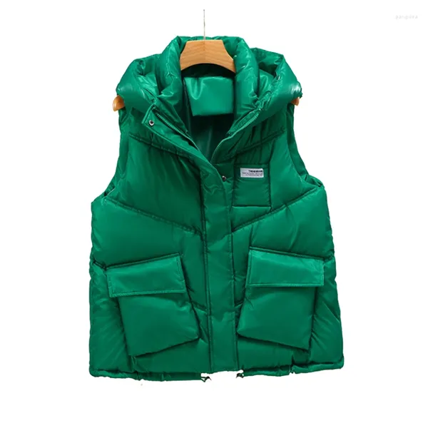 Chalecos de mujer 2023 Big Pocket Candy Color Puffer Chaleco de invierno con capucha Chaqueta de nieve cálida Parka suelta Talla grande 2XL Chaleco sin mangas largo