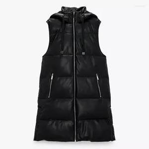 Gilets pour femmes 2023 Noir À Capuchon Femmes Mode Fermeture À Glissière PU Manteaux En Cuir Élégant Longue Une Ligne Femme Dames JS