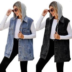 Damesvesten 2023 Herfst/Winter Mouwloos Lang Denim Vest Mode Losse Afneembare Capuchon Jeans Jasje Casual Kleding S-XL