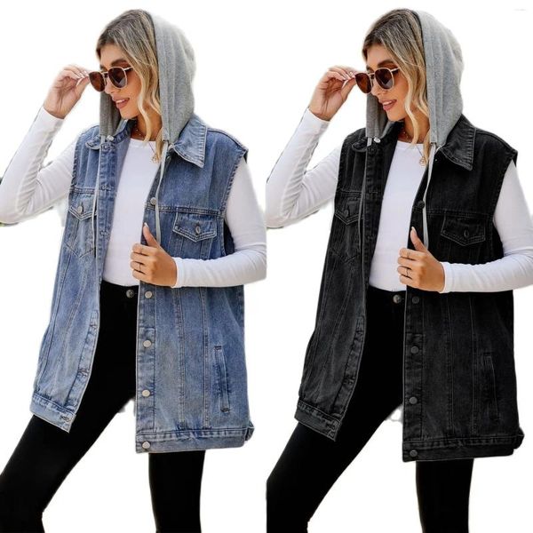 Gilets pour femmes 2023 Automne / Hiver Sans manches Long Denim Gilet Mode Lâche Amovible À Capuchon Jeans Veste Manteau Vêtements De Sport S-XL