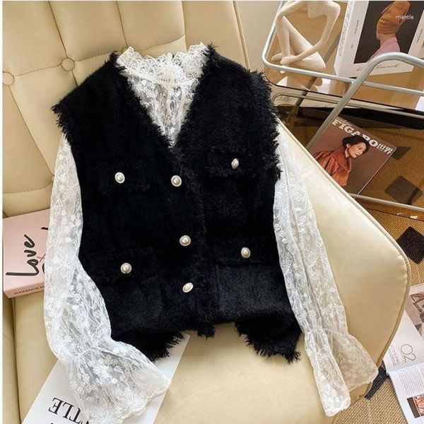 Chalecos de mujer 2023 moda pequeña fragancia suéter chaleco chaqueta elegante cuello en V perla botón cárdigan bolsillo Casual abrigo Top