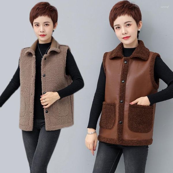 Gilets pour femmes 2023 Mode Femmes Faux Agneau Laine Gilet Tops Sans Manches Manteau D'hiver Coréen Vestes Brunes Épaissir Vêtements D'extérieur Pour V126