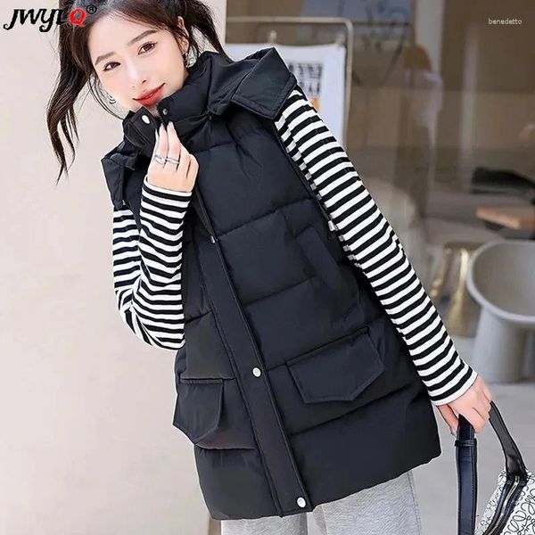 Chalecos de mujer 2023 coreano con capucha sin mangas chaleco de longitud media otoño invierno grueso cálido ropa de nieve abrigos de mujer chaqueta de globo suave