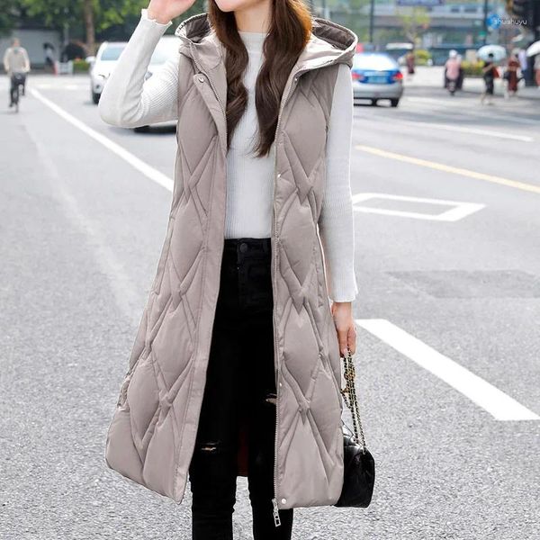Gilets pour femmes 2023 Long manteau d'hiver gilet à capuche sans manches épais poches chaudes matelassées veste féminine surdimensionnée