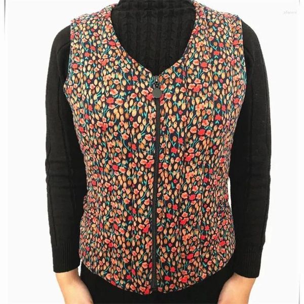 Gilets pour femmes 2023 Costume de maman chaud vers le bas coton gilet manteau femme automne hiver veste moyen personnes âgées col rond court impression pardessus