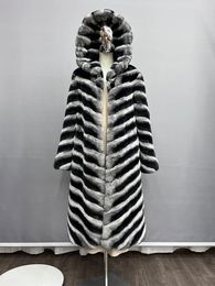 Gilets pour femmes 2023 manteau de fourrure naturelle femmes hiver longs manteaux dames Chinchilla veste réel Rex lapin à capuche 231219