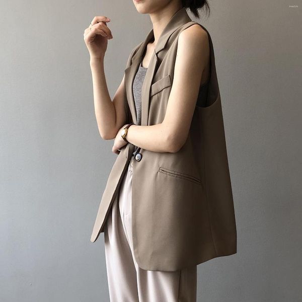 Chalecos de mujer 2023 primavera chaleco de mujer largo moda coreana elegante suelta sin mangas traje chaqueta cárdigan exterior señoras ropa femenina