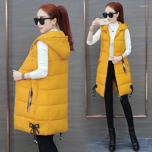 Chalecos de mujer 2023 Chaleco de invierno Mujeres Puffy Cálido Chaqueta con capucha Sin mangas Abrigo largo Femenino Outwear Outwear Snow Wear Chaquetas