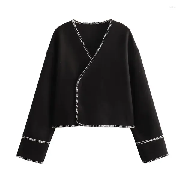 Chalecos de mujer 2023 mujeres hilo negro adorno de manga larga abrigo otoñwinter high street casual versátil