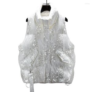 Femmes gilets 2023 femmes hiver gilet 90 blanc canard vers le bas manteau mode paillettes broderie chaud décontracté hauts