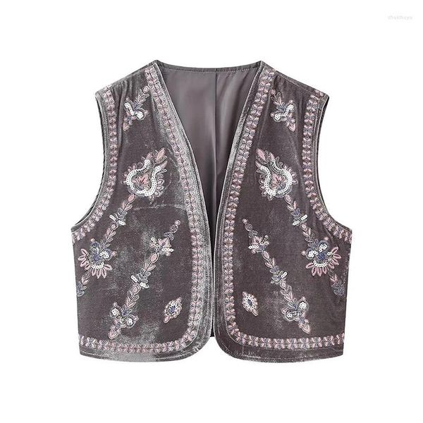 Chalecos de mujer 2024 otoño primavera Vintage Chic señoras chaleco terciopelo chaleco con cuello en V sin mangas prendas de vestir exteriores femeninas Tops