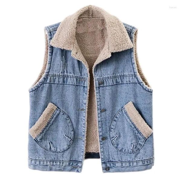 Chalecos de mujer 2024 otoño invierno jean chaleco mujeres calle tendencia sin mangas forro polar corto chaquetas de mezclilla estilo novio solapa cálida felpa