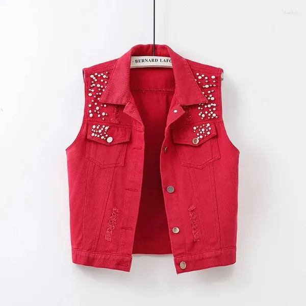 Gilets pour femmes 2024 Noir Rouge Jaune Bleu Blanc Denim Gilet Tops Femmes Printemps Été Lavé Déchiré Perlé Veste Sans Manches Lady Jeans