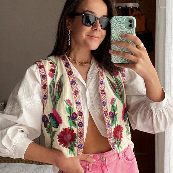 Chalecos de mujer 2024 chaleco bordado floral para mujeres sin mangas con cuello en V chaleco abierto femenino verano vacaciones crop tops