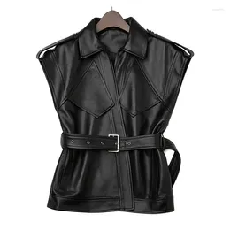 Gilets pour femmes 2024 Gilet en cuir véritable automne et hiver style ceinture à revers double poche design antique début végétal tanné S