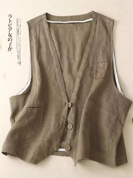 Gilet pour femmes 2024 Retro Pocket Broidered Summer Linen Gite for Women Loose V-Neck Cardigan Veste courte minceur