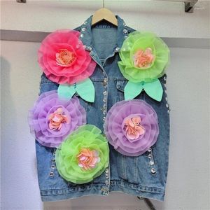 Gilets pour femmes 2024 printemps Denim gilet industrie lourde grande fleur décorative rue perlée conception lâche Y2k gilet haut