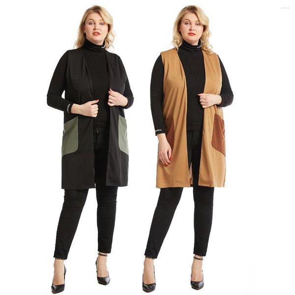 Gilets pour femmes 5XL Grosse Femme Lâche Surdimensionné Mi-long Contraste Gilet Plus La Taille Femme Vêtements Noir Grand Outwears Cardigan Avec Poches