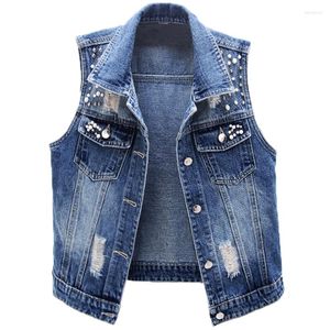 Damesvesten 5xl! Vrouwen Spring Summet Zwaar werk Pearl Beading denim vest gat mouwloze jeansjack met één borsten casual