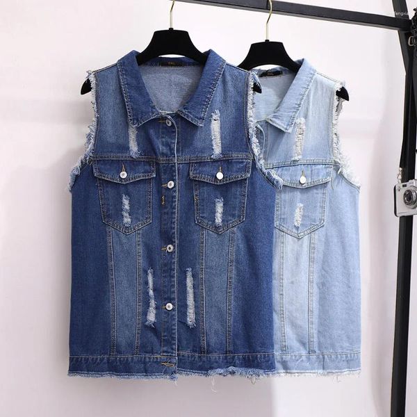 Gilets pour femmes 6XL surdimensionné sans manches trou jeans veste femmes gilets décontractés hauts simples boutonnage femme denim gilet court vêtements d'extérieur