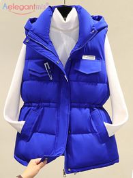 Damesvesten Aelegantmis Winter Hapleed Vest voor vrouwen trekstring Slim Fit Multi -zakken Streetwear Chic gewatteerde vest vrouwelijk 230105