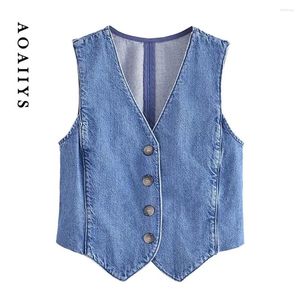 Damesvesten aoaiiys denim vest dames Jean top mode front button waistcoat vintage v nek mouwloze vrouwelijke bovenkleding chique blauwe tops