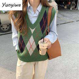 Damesvesten Argyle pull en tricot a panneaux pour femme gilet Vintage col en v sans manches chaud college Preppy collectie automne S-3XL 231205