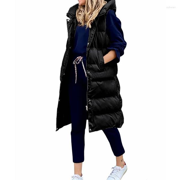 Gilets pour femmes automne et hiver manteau gilet poche à fermeture éclair solide à capuche longue robe en coton décontracté mode simple boutonnage