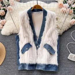 Gilets pour femmes Automne et hiver Design Sense Blue Denim Couture Coréenne Lâche Rétro Polyvalent Woolen Horse Clip Undershirt Femme