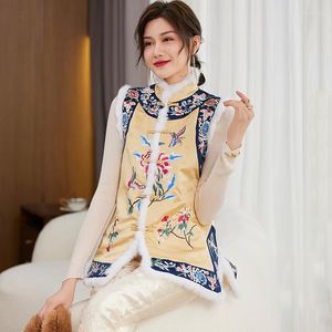 Gilets pour femmes automne et vêtements d'hiver col montant épissage cheveux style chinois simple boutonnage broderie dame coton gilet S-XXL