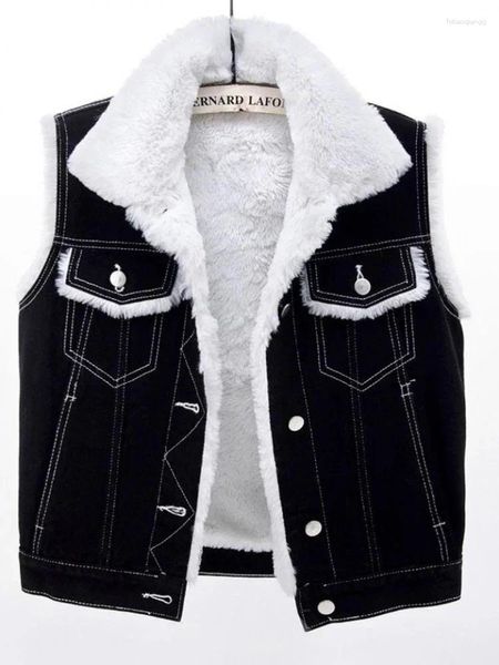 Chalecos de mujer Otoño Negro Cordero Forro de lana Peluche Grueso Vaquero V Invierno Plus Terciopelo Cálido Mujer Denim Chaleco Femenino Azul Chaqueta sin mangas