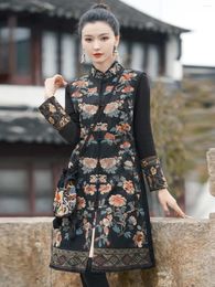 Damesvesten herfst etnische stijl vest trench jas midden lengte zware geborduurde rok buitenste slijtage Chinese vest