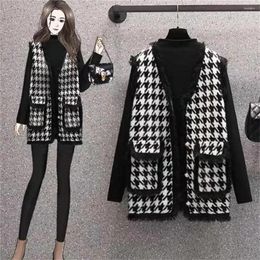 Gilets pour femmes automne hiver gilet pied-de-poule veste femmes lâche imperméable à l'eau tricot gilet glands sans manches manteau poche plaid cardigan