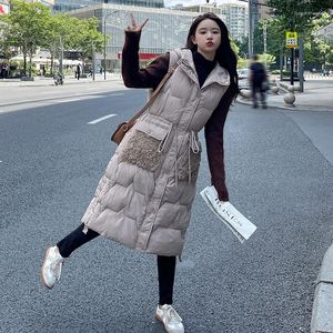 Gilets pour femmes Automne Hiver Long Gilet Femmes À Capuchon Sans Manches Sur Le Genou Puffer Veste Chaud Épais Coréen Mode Poche Pardessus